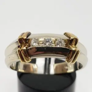 14k Two Tone White & Yellow Gold Natural Diamond Three 3 Stone Men's Ring