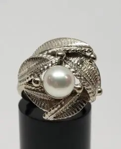14k White Gold 7mm Pearl Leaf Plant Palm Leaves Nature Ring Hallmark Happiness