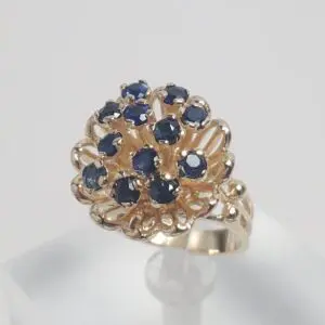 14k Yellow Gold 1.08ctw Blue Sapphire Cluster Flower Floral Cocktail Ring 5''
