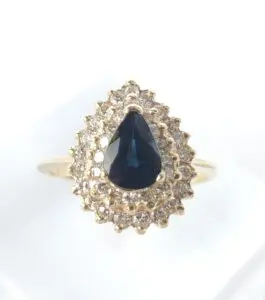 14k Yellow Gold 1.12ctw Pear Shape Blue Sapphire Diamond Double Halo Ring 6.75''