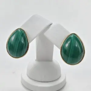 14k Yellow Gold 50.00ctw Bezel Set Malachite Pear Shape Cabochon Stud Earrings