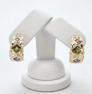 14k Yellow Gold Amethyst Peridot Citrine Omega Back Shrimp Style Earrings 7/8''