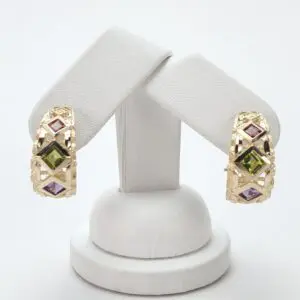 14k Yellow Gold Amethyst Peridot Citrine Omega Back Shrimp Style Earrings 7/8''