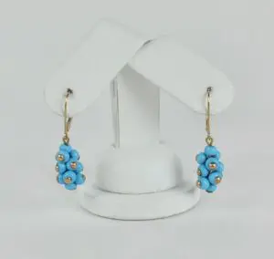 14k Yellow Gold Blue Bead Cluster Dangle Dangling Drop Earrings 1 3/8''