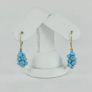 14k Yellow Gold Blue Bead Cluster Dangle Dangling Drop Earrings 1 3/8''
