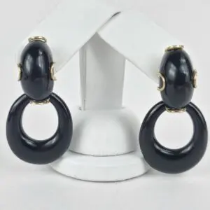 14k Yellow Gold Large Black Onyx Oval Dangle Dangling Stud Style Earrings 1 7/8'