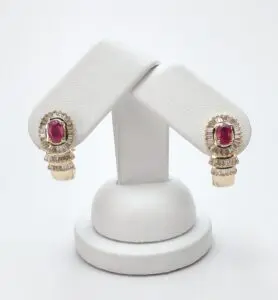 14k Yellow Gold Natural Ruby Baguette Diamond Halo Omega Shrimp Earrings 7/8''