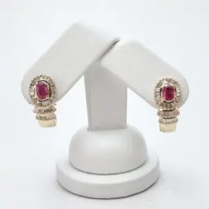14k Yellow Gold Natural Ruby Baguette Diamond Halo Omega Shrimp Earrings 7/8''