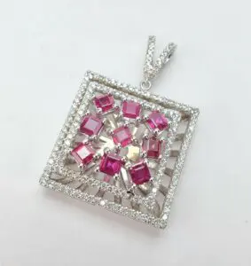 18k White Gold 2.44ctw Natural Ruby Diamond Unique Square Halo Drop Pendant