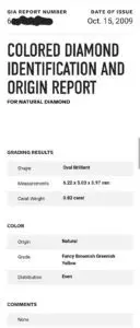 Diamond report with grading and color details.