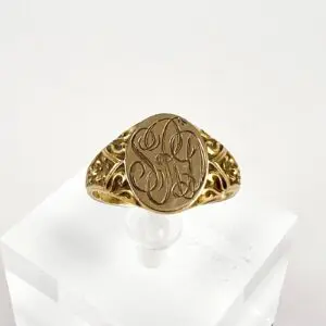 Edwardian Antique 10k Yellow Gold Engraved Signet Forget Me Not Ring 7.75''