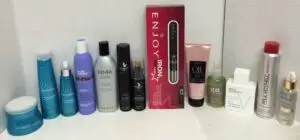 Various hair and skincare products on display.
