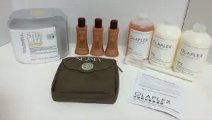 Haircare products assortment including Olaplex bottles.