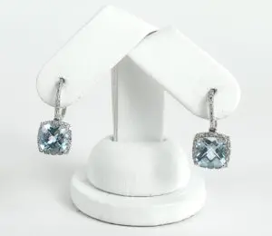 10k White Gold 8ctw Checkerboard Cut Blue Topaz Diamond Halo Leverback Earrings