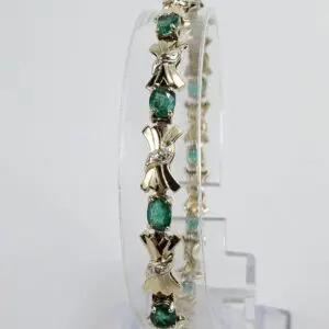 14k Multi-Tone Gold 2.82ct Natural Emerald Diamond Bow Ribbon Bracelet 7 1/8''