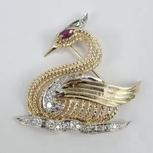 14k Two-Tone Gold Vintage Diamond Ruby Swan Bird Pin Brooch 1 3/8''