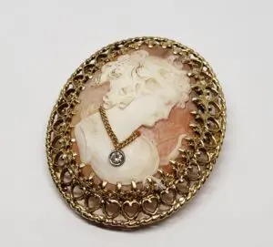 14k Two Tone Yellow & White Gold Lady Diamond Necklace Shell Cameo Pin Brooch...