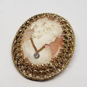 14k Two Tone Yellow & White Gold Lady Diamond Necklace Shell Cameo Pin Brooch...