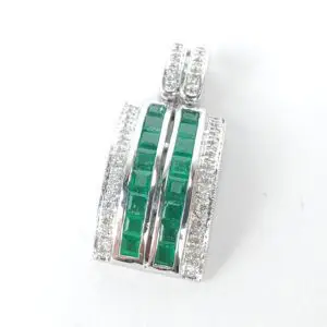 14k White Gold 1.53ctw 1.28ct Natural Emerald Diamond Rectangular Drop Pendant