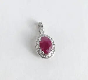 14k White Gold .85ctw Natural Ruby Diamond Oval Halo Drop Pendant 5/8''