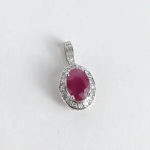 14k White Gold .85ctw Natural Ruby Diamond Oval Halo Drop Pendant 5/8''