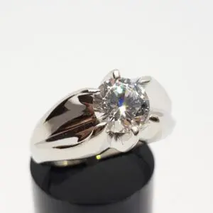 14k White Gold CZ Cubic Zirconia Round Brilliant Mens Unisex Solitaire Ring