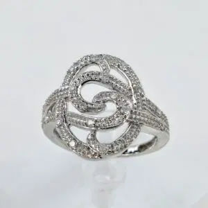 14k White Gold Diamond Open Work Oval Split Shank Band Ring 7''