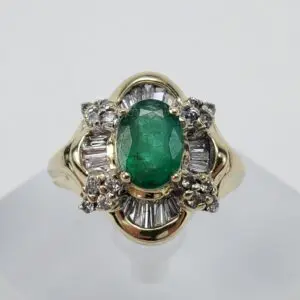 14k Yellow Gold 1.58ctw Natural Emerald Diamond Halo Cocktail Ring 4.75''