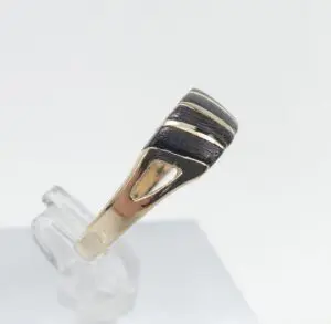 Gold and black ring on display stand.