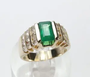 14k Yellow Gold Emerald Cut Natural Emerald Diamond Tension Set Cocktail Ring