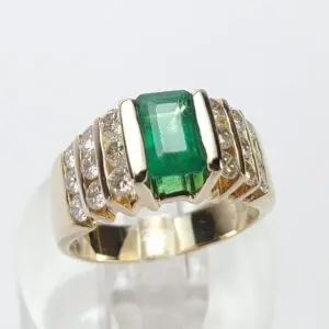 14k Yellow Gold Emerald Cut Natural Emerald Diamond Tension Set Cocktail Ring