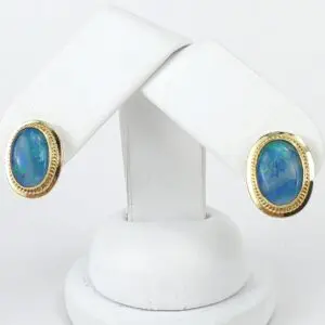 18k Yellow Gold Oval Opal Triplet Rope Cable Stud Earrings 5/8''