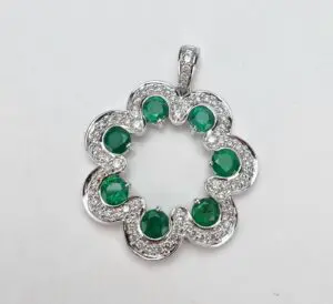 Amor 14k White Gold 2.50ctw Natural Emerald Pave Diamond Wavy Drop Pendant