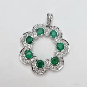 Amor 14k White Gold 2.50ctw Natural Emerald Pave Diamond Wavy Drop Pendant