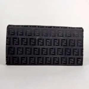 Black Fendi clutch with logo pattern.