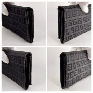 Black patterned wallet, four different angles.