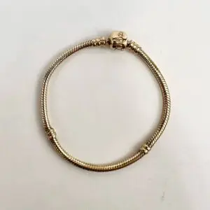 Gold bracelet with intricate clasp design.