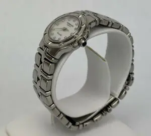 Silver wristwatch with metal bracelet displayed.