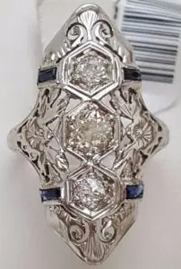 Vintage Art Deco 18k White Gold Diamond Sapphire Ring Size 3.5