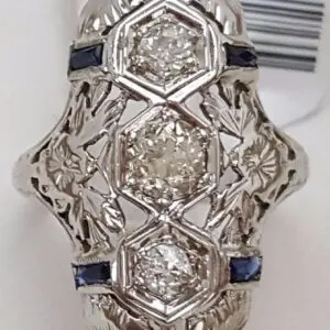 Vintage Art Deco 18k White Gold Diamond Sapphire Ring Size 3.5