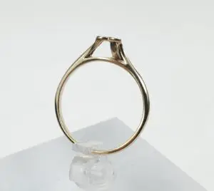 Gold ring on a clear stand.
