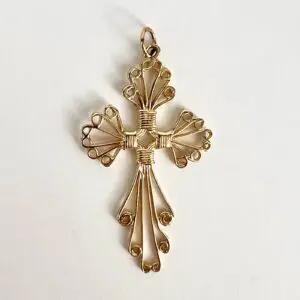 10k Yellow Gold Open Work Filigree Cross Christian Catholic Drop Pendant 2.25''