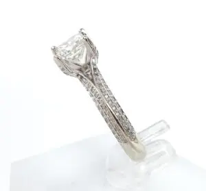 Diamond ring with detailed band setting.