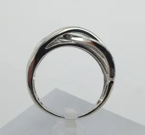 Silver ring with unique twisted design.