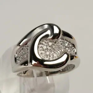 14k White Gold Diamond Love Knot Artistic Buckle Wave Style Band Ring 6.75''