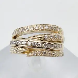 14k Yellow Gold .73ctw Wide Natural Diamond Unique Crosover Cluster Ring 7.25''