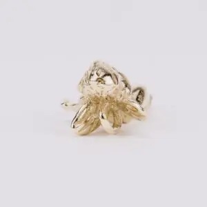 Gold octopus-shaped ring on white background.