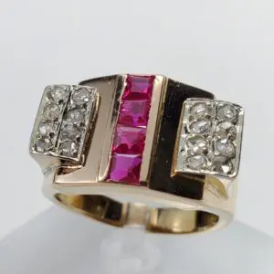 18k Multi-Tone Gold Retro Style Era Diamond Lab Ruby Cocktail Ring 6.5''