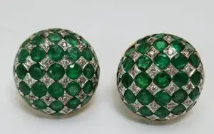 18k Two Tone Gold Emerald Diamond 5.66ctw Circle Button Dome Checkered Earrings