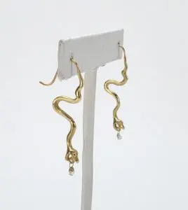18k Yellow Gold Diamond Briollete Dangle Dangeling Drop Snake Hook Earrings